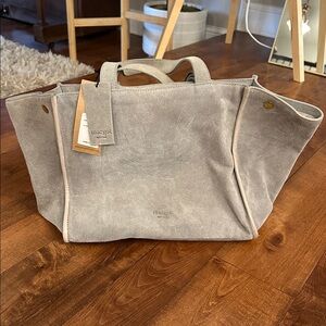 NWT Margot New York Jamee Double Handle Gray Suede Tote w/pouch, see description